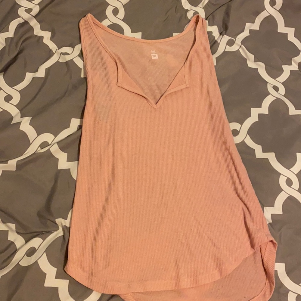 Pink ribbed V neck tank top